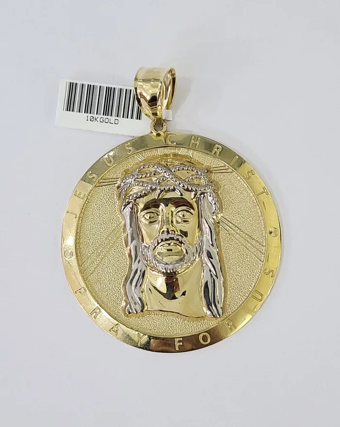 Gold and Diamond Charm Necklaces Real 10K Yellow Gold Jesus Crist Pendant Charm Diamond Cut Circular Genuine
