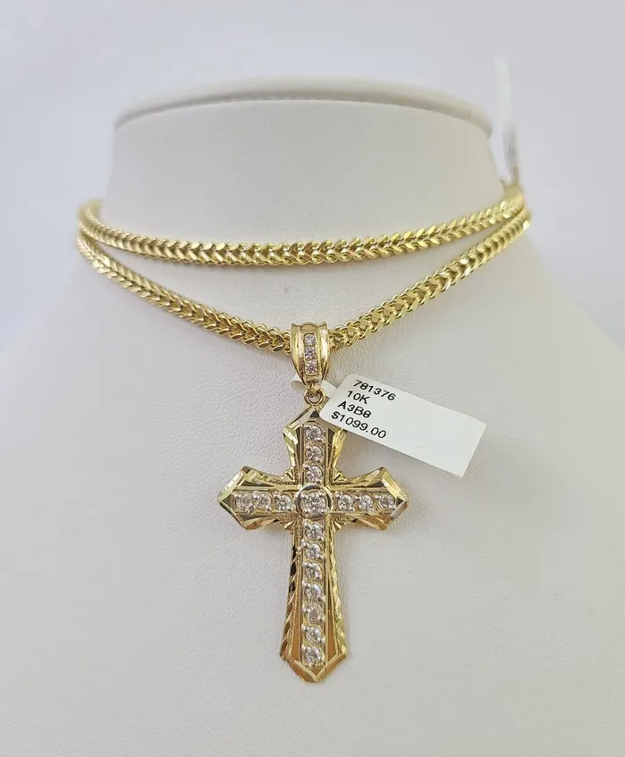 Gold and Diamond Necklaces 10K Franco Chain Jesus Cross Pendant Charm Necklace 2026 3mm Gold Yellow SET Gold and Diamond Necklaces 10K Franco Chain Jesus Cross Pendant Charm Necklace 2026 3mm Gold Yellow SET