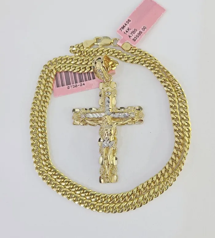 Gold and Diamond Necklaces Real 14k Chain Cross Charm Set Miami Cuban Link 4mm Necklace Pendant Yellow Gold Gold and Diamond Necklaces Real 14k Chain Cross Charm Set Miami Cuban Link 4mm Necklace Pendant Yellow Gold