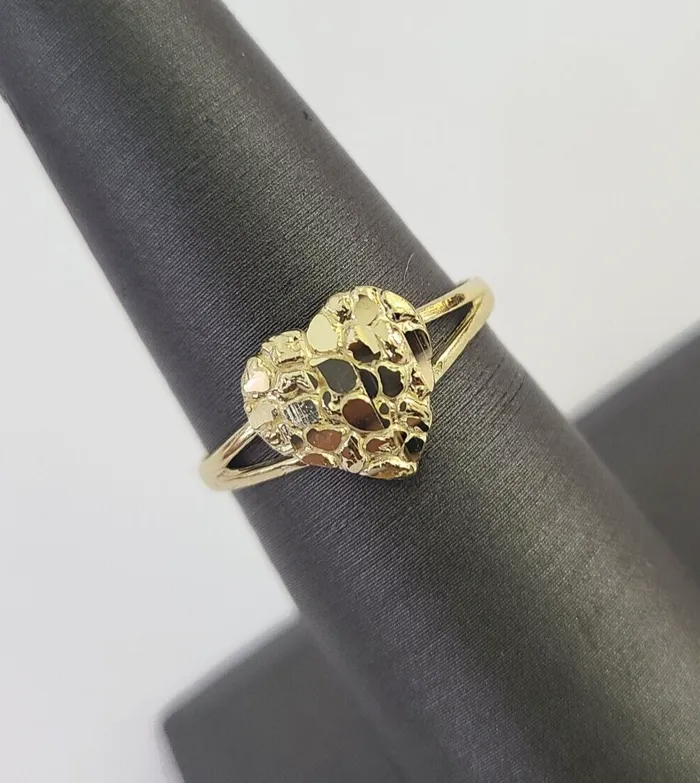 Gold and Diamond Real 10k Nugget Heart Ring Band Wedding Engagement Women Yellow Gold Rings Gold and Diamond Real 10k Nugget Heart Ring Band Wedding Engagement Women Yellow Gold Rings