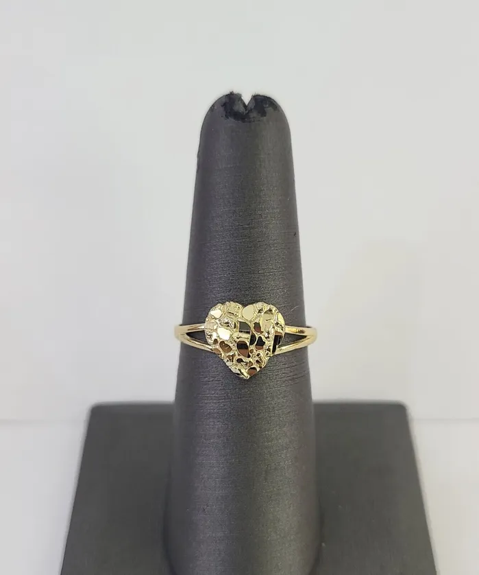 Gold and Diamond Real 10k Nugget Heart Ring Band Wedding Engagement Women Yellow Gold Rings