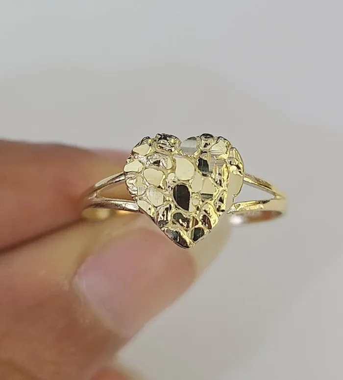 Gold and Diamond Real 10k Nugget Heart Ring Band Wedding Engagement Women Yellow Gold Rings