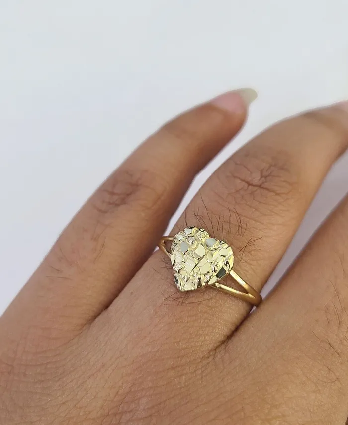 Gold and Diamond Real 10k Nugget Heart Ring Band Wedding Engagement Women Yellow Gold Rings
