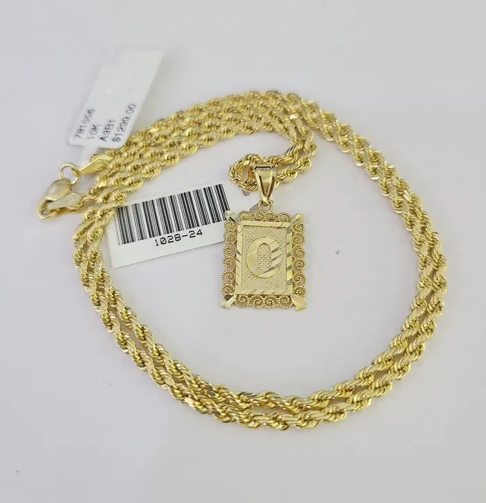 Necklaces Gold and Diamond 10k Gold Initial O Charm Rope Chain 1626 25mm SET Necklace Alphabet Pendant