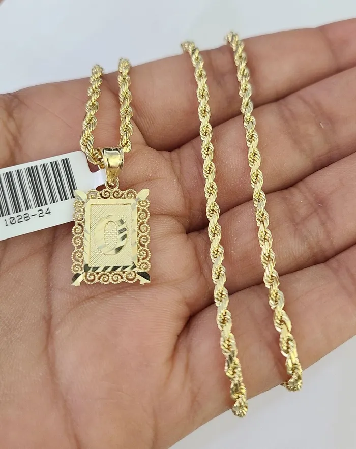 Necklaces Gold and Diamond 10k Gold Initial O Charm Rope Chain 1626 25mm SET Necklace Alphabet Pendant