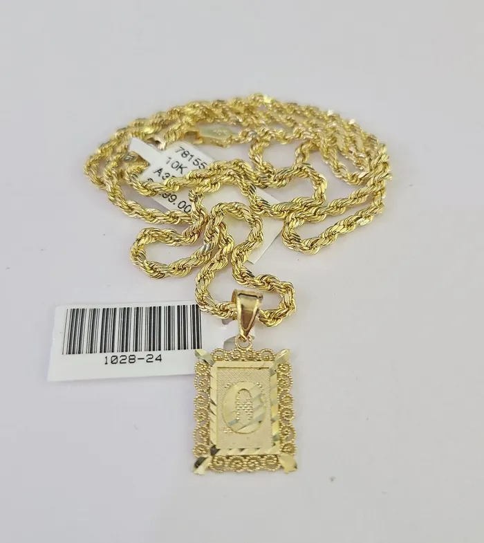 Necklaces Gold and Diamond 10k Gold Initial O Charm Rope Chain 1626 25mm SET Necklace Alphabet Pendant