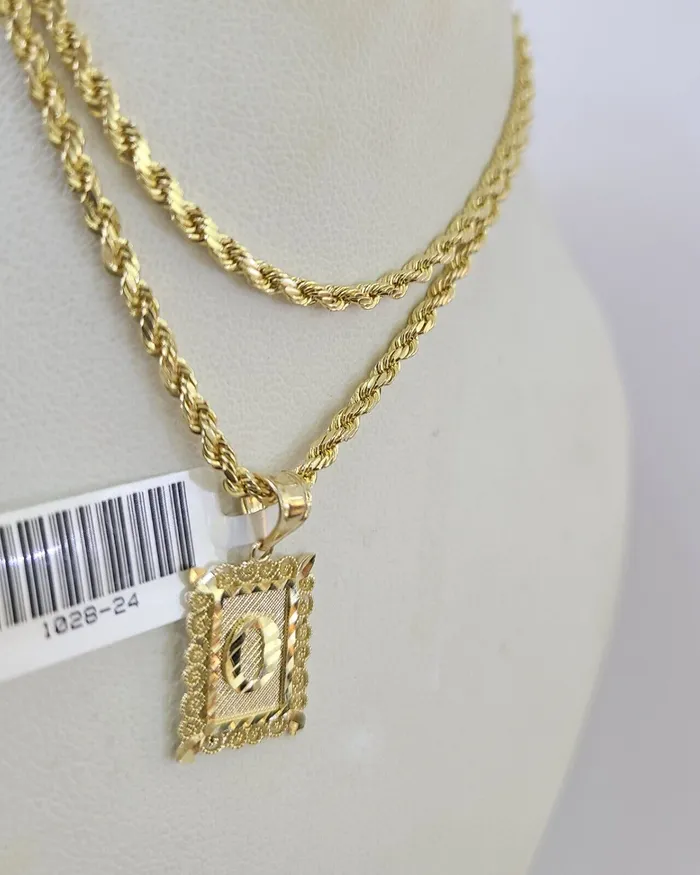 Necklaces Gold and Diamond 10k Gold Initial O Charm Rope Chain 1626 25mm SET Necklace Alphabet Pendant