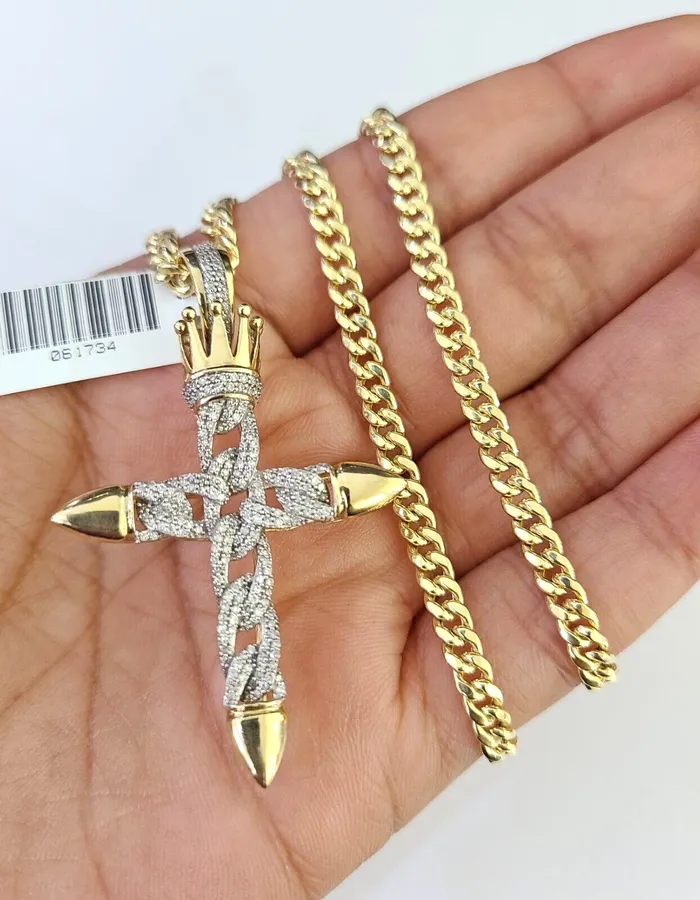 Necklaces Gold and Diamond 10k Miami Cuban Chain Diamond Jesus Cross Charm Set 4mm 1828 Necklace Gold Necklaces Gold and Diamond 10k Miami Cuban Chain Diamond Jesus Cross Charm Set 4mm 1828 Necklace Gold