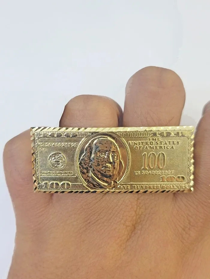 Real 10K Gold 100 Dollar Bill Ring Diamond Cut 10kt yellow Gold Ring Gold and Diamond Rings
