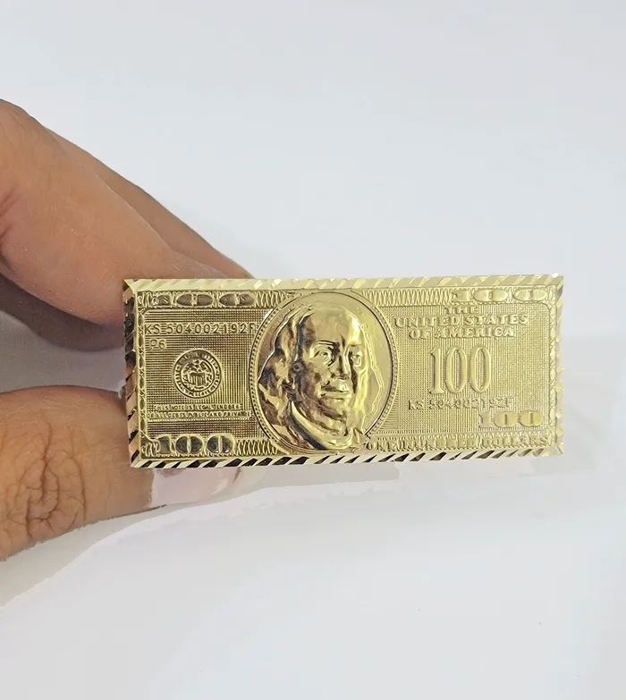 Real 10K Gold 100 Dollar Bill Ring Diamond Cut 10kt yellow Gold Ring Gold and Diamond Rings