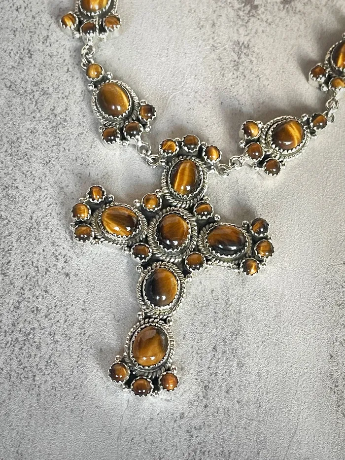 SophiaRene Boutique Necklaces Sterling Silver Tigers Eye Statement Cross Necklace