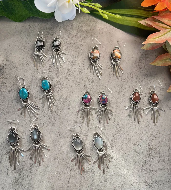 Sterling Silver Fringe Liquid Silver Stone Drop Earrings SophiaRene Boutique Earrings
