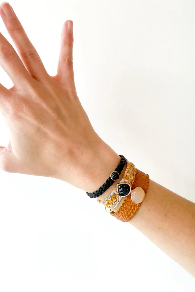 DEZSO Bracelets Petite Onyx Anadara on Black Leather Bracelet DEZSO Bracelets Petite Onyx Anadara on Black Leather Bracelet