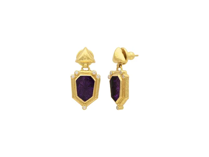 Earrings GG GOLD OOAK GURHAN Muse Gold Amethyst Single Drop Earrings 14x11mm Flower Intaglio set in Wide Frame Earrings GG GOLD OOAK GURHAN Muse Gold Amethyst Single Drop Earrings 14x11mm Flower Intaglio set in Wide Frame