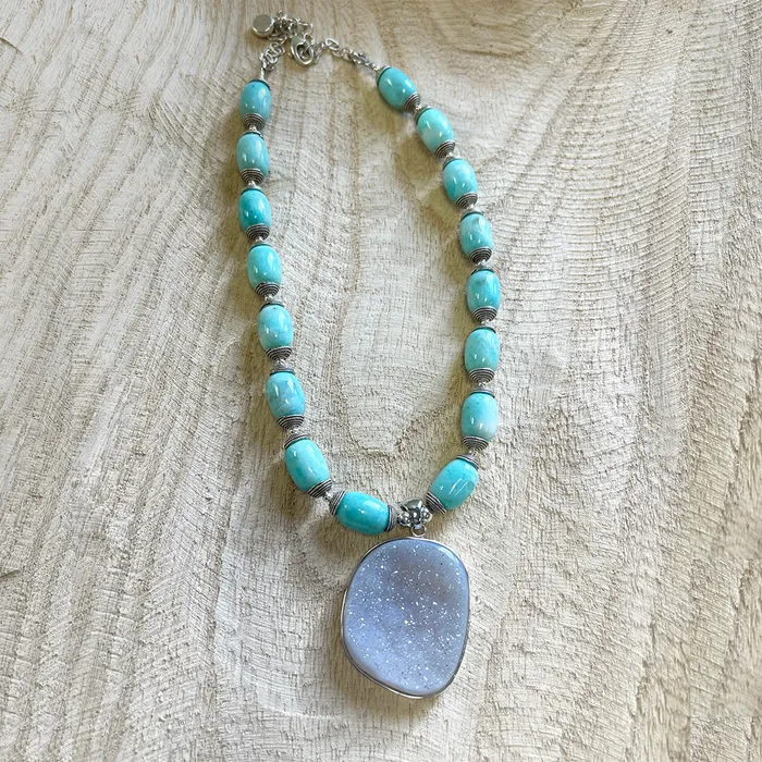 Elisa Ilana Necklaces Amazonite Necklace w Druzy Pendant