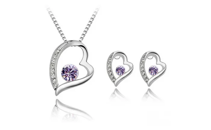 Fashion Purple Crystal Stone Heart Silver Plated Wedding Jewelry Set sparklingselections Rings Fashion Purple Crystal Stone Heart Silver Plated Wedding Jewelry Set sparklingselections Rings