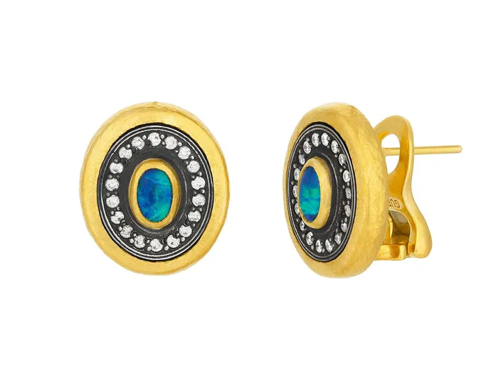 GG GOLD OOAK Earrings GURHAN Muse Gold Opal Stud Earrings 6x4mm Oval set in Blackened White Gold Frame GG GOLD OOAK Earrings GURHAN Muse Gold Opal Stud Earrings 6x4mm Oval set in Blackened White Gold Frame