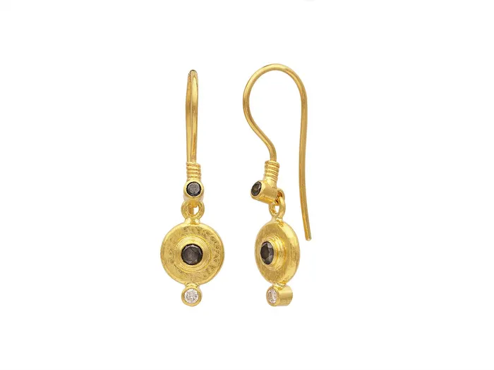 GG GOLD TRAD Earrings GURHAN Droplet Gold Black and White Diamond Single Drop Earrings 8mm Round on Wire Hook GG GOLD TRAD Earrings GURHAN Droplet Gold Black and White Diamond Single Drop Earrings 8mm Round on Wire Hook