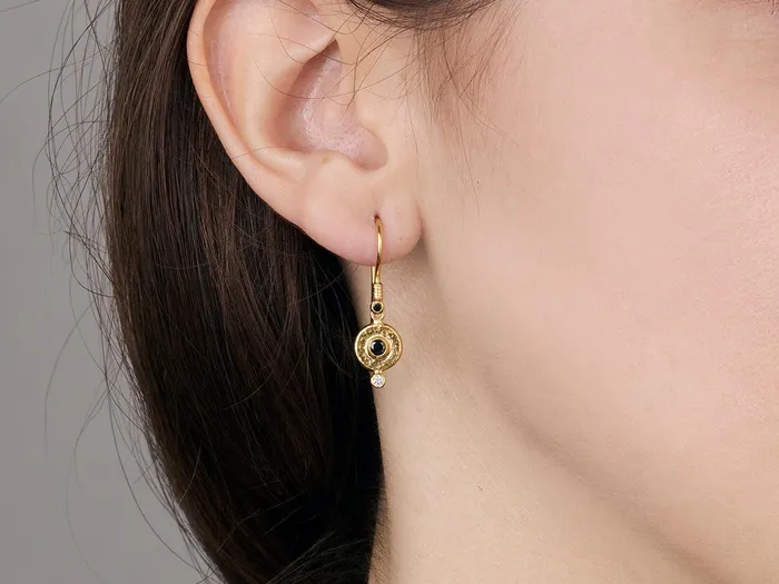GG GOLD TRAD Earrings GURHAN Droplet Gold Black and White Diamond Single Drop Earrings 8mm Round on Wire Hook GG GOLD TRAD Earrings GURHAN Droplet Gold Black and White Diamond Single Drop Earrings 8mm Round on Wire Hook