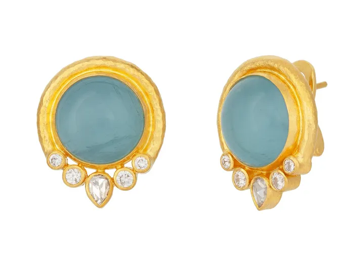 GURHAN Muse Gold Aquamarine Stud Earrings 14mm Round set in Wide Frame GG GOLD OOAK Earrings GURHAN Muse Gold Aquamarine Stud Earrings 14mm Round set in Wide Frame GG GOLD OOAK Earrings