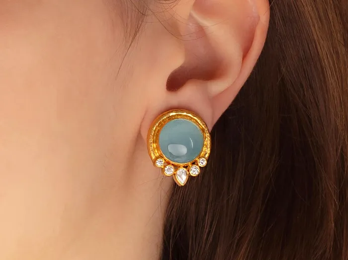 GURHAN Muse Gold Aquamarine Stud Earrings 14mm Round set in Wide Frame GG GOLD OOAK Earrings GURHAN Muse Gold Aquamarine Stud Earrings 14mm Round set in Wide Frame GG GOLD OOAK Earrings