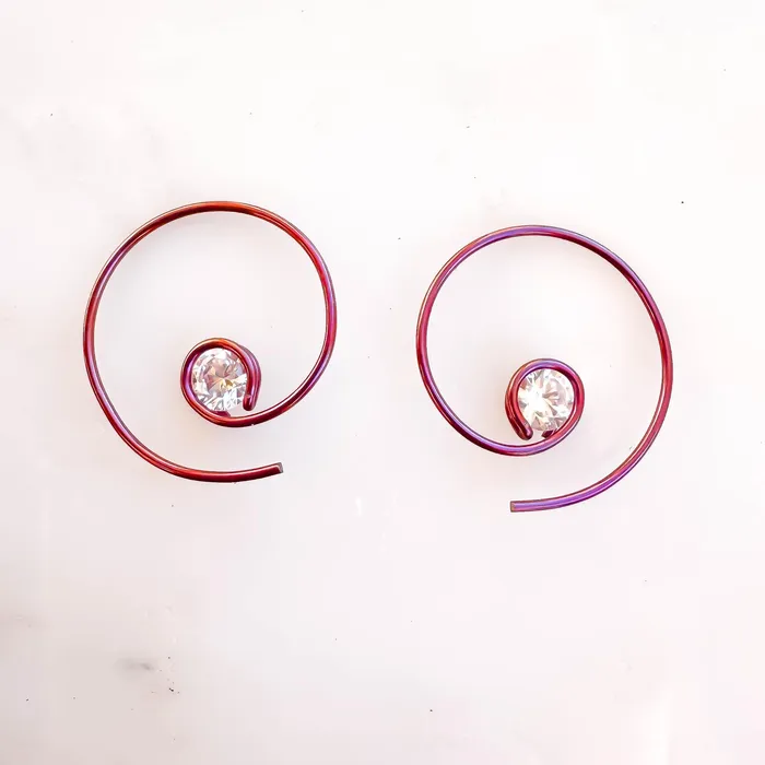 Pink Threader CZ Spiral Hoop Earrings Niobium Hoops By Hand Earrings