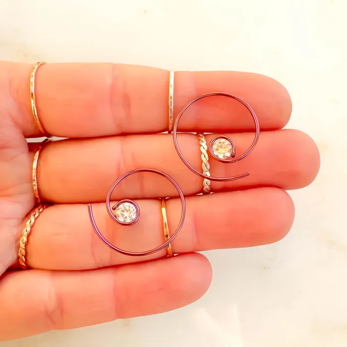 Pink Threader CZ Spiral Hoop Earrings Niobium Hoops By Hand Earrings
