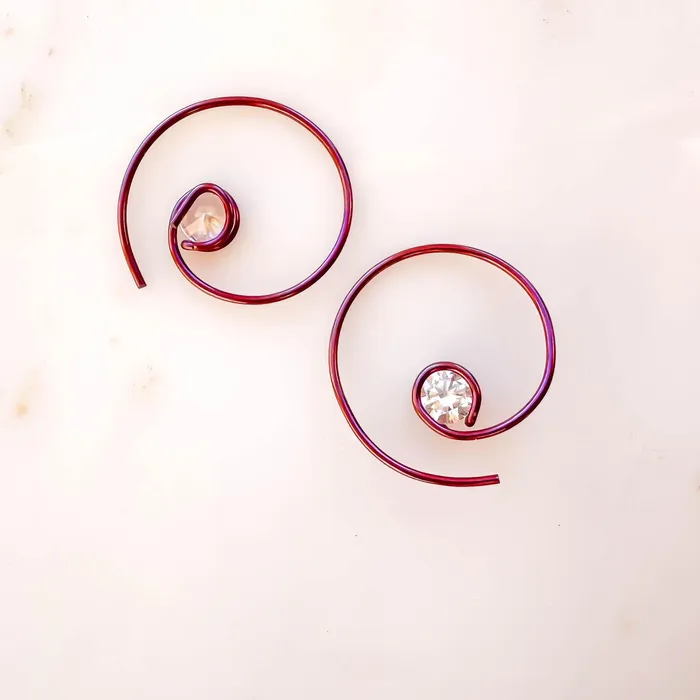 Pink Threader CZ Spiral Hoop Earrings Niobium Hoops By Hand Earrings