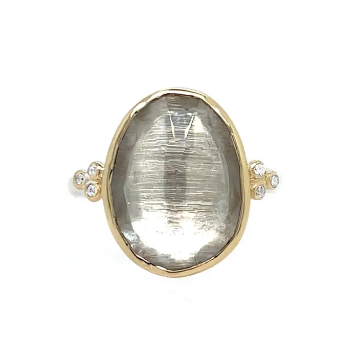 Rings Emily Amey Jewelry Clear Quartz Cocktail ring with diamond clusters in 14k gold and Sterling silver