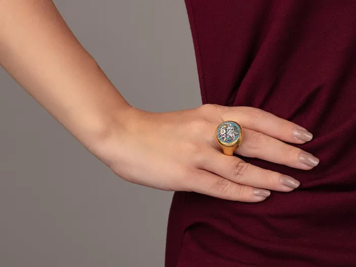 Rings GG GOLD OOAK GURHAN Antiquities Gold Micro Mosaic Cocktail Ring 17mm Round on Graduated Band Rings GG GOLD OOAK GURHAN Antiquities Gold Micro Mosaic Cocktail Ring 17mm Round on Graduated Band