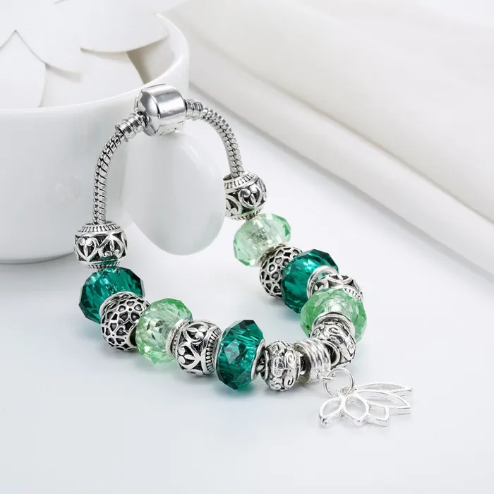 sparklingselections Bracelets Silver Plated Lotus Pendant Bracelets with European Beads Girl Bracelet sparklingselections Bracelets Silver Plated Lotus Pendant Bracelets with European Beads Girl Bracelet