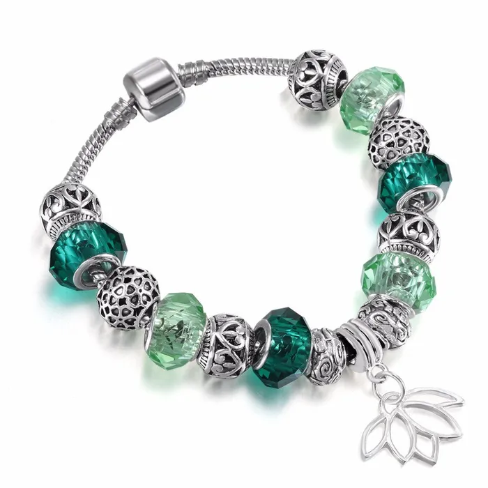sparklingselections Bracelets Silver Plated Lotus Pendant Bracelets with European Beads Girl Bracelet sparklingselections Bracelets Silver Plated Lotus Pendant Bracelets with European Beads Girl Bracelet
