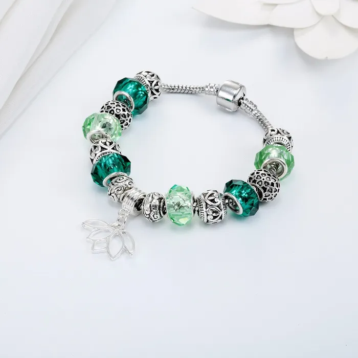 sparklingselections Bracelets Silver Plated Lotus Pendant Bracelets with European Beads Girl Bracelet sparklingselections Bracelets Silver Plated Lotus Pendant Bracelets with European Beads Girl Bracelet
