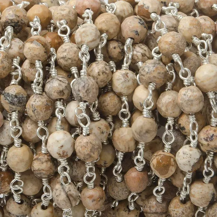Beadsofcambaycom 4mm Picture Jasper faceted rounds Silver Plated Wire Wrapped Chain Necklaces Beadsofcambaycom 4mm Picture Jasper faceted rounds Silver Plated Wire Wrapped Chain Necklaces