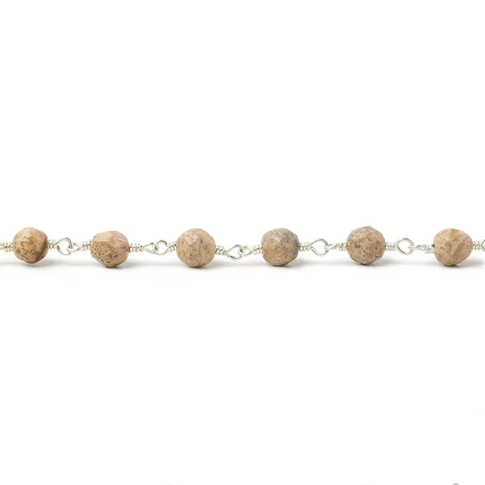 Beadsofcambaycom 4mm Picture Jasper faceted rounds Silver Plated Wire Wrapped Chain Necklaces Beadsofcambaycom 4mm Picture Jasper faceted rounds Silver Plated Wire Wrapped Chain Necklaces