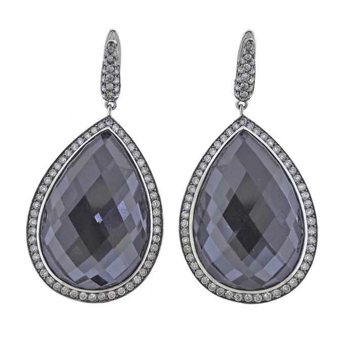 Bucherer Gold Diamond Hematite Quartz Drop Earrings Bucherer Earrings