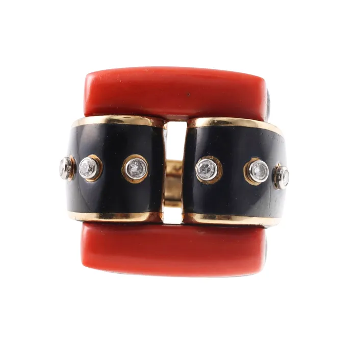 David Webb Rings David Webb Coral Diamond Enamel Gold Platinum Domino Ring David Webb Rings David Webb Coral Diamond Enamel Gold Platinum Domino Ring