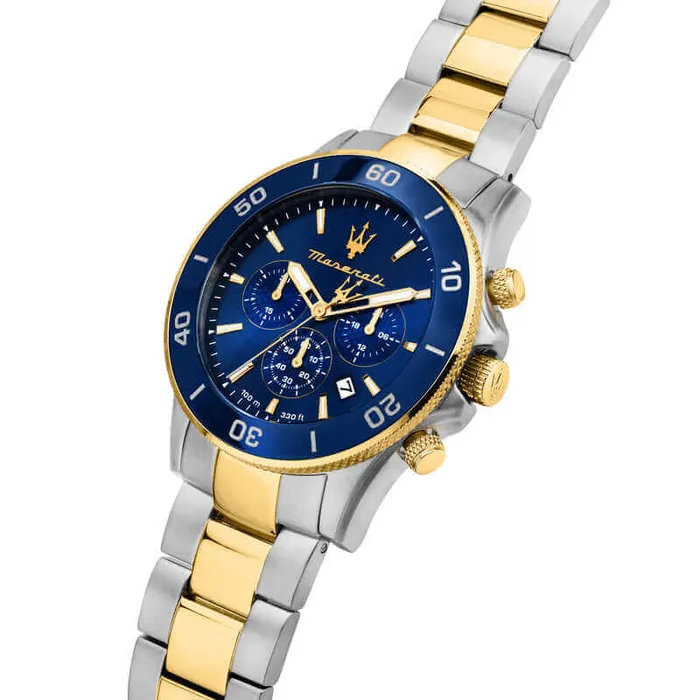 Maserati Rings Maserati Competizione Luxury Mens Watch with Two Tone Steel Chain and Blue Dial 43mm