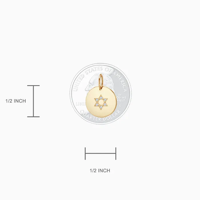 Necklaces Sandy Steven Engravers 12 inch 14k Yellow Gold Disc Charm Pendant with Diamond Star of David Engravable