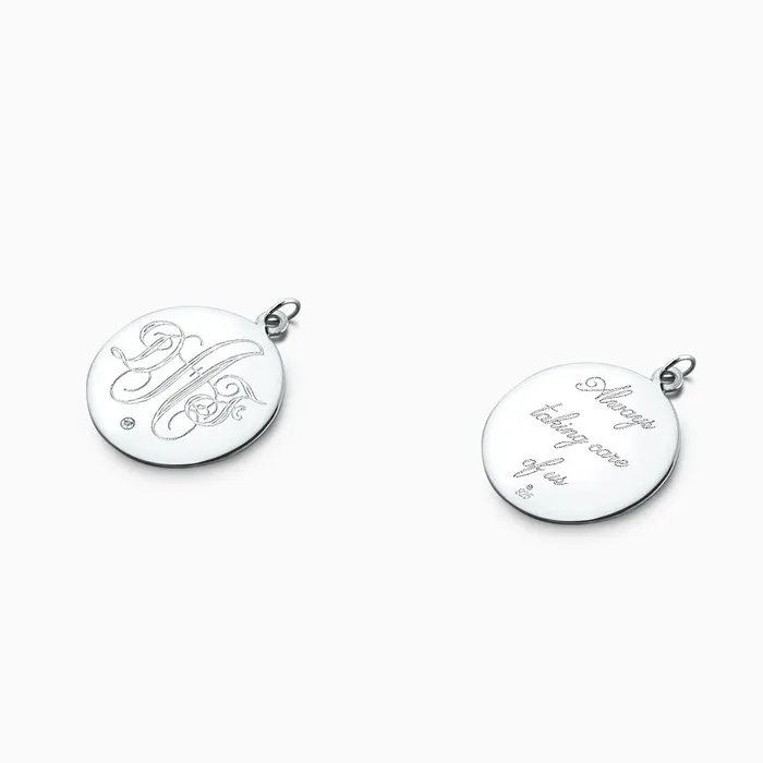 Necklaces Sandy Steven Engravers Engravable 1 inch Sterling Silver Monogram Disc Charm Pendant with Single Diamond