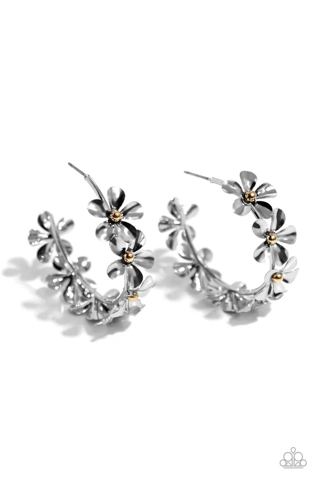 Paparazzi Accessories Earrings Floral Flamenco Silver flower Hoop Earrings Jewelry by Bretta