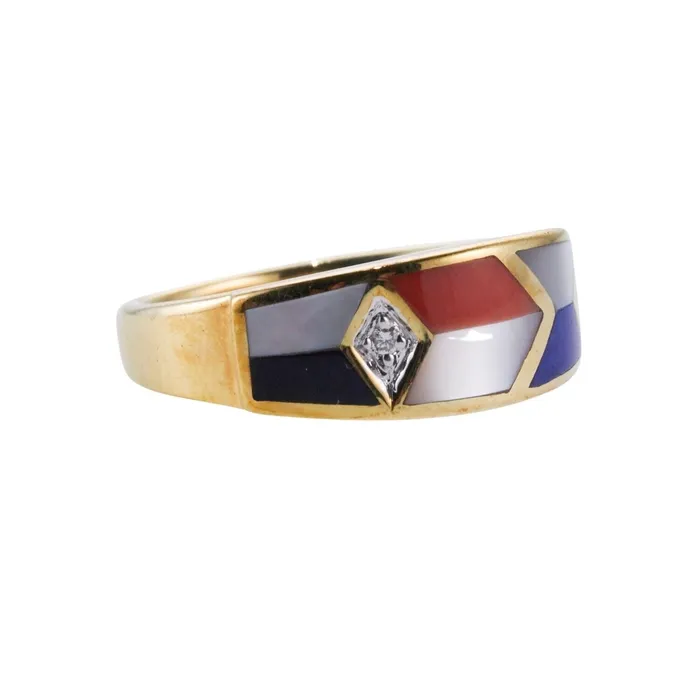 Rings Asch Grossbardt Asch Grossbardt Onyx MOP Lapis Coral Inlay Diamond Gold Ring