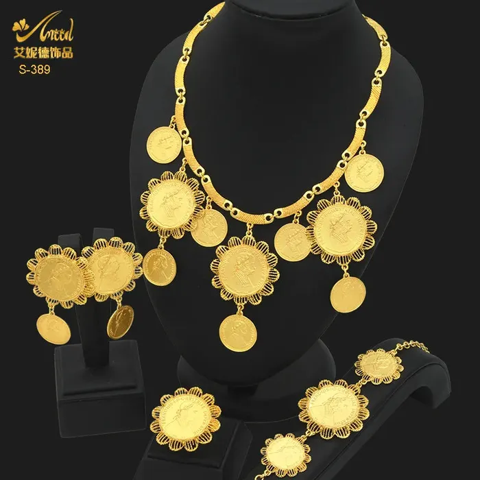 African Coin Necklace Jewelry Set For Women Girls Dubai Nigerian Fashion Choker Necklace Bracelet Earrings Ring Sweet T 52 Necklaces