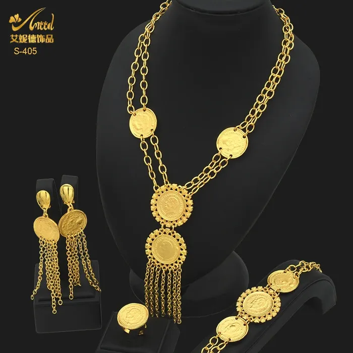 African Coin Necklace Jewelry Set For Women Girls Dubai Nigerian Fashion Choker Necklace Bracelet Earrings Ring Sweet T 52 Necklaces