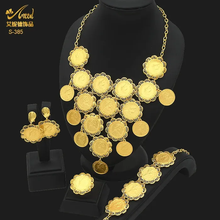 African Coin Necklace Jewelry Set For Women Girls Dubai Nigerian Fashion Choker Necklace Bracelet Earrings Ring Sweet T 52 Necklaces