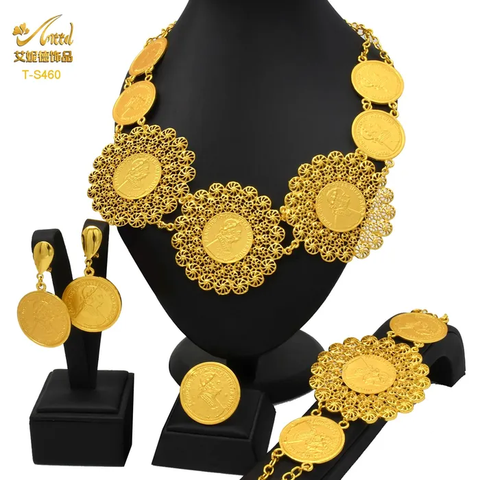 African Coin Necklace Jewelry Set For Women Girls Dubai Nigerian Fashion Choker Necklace Bracelet Earrings Ring Sweet T 52 Necklaces