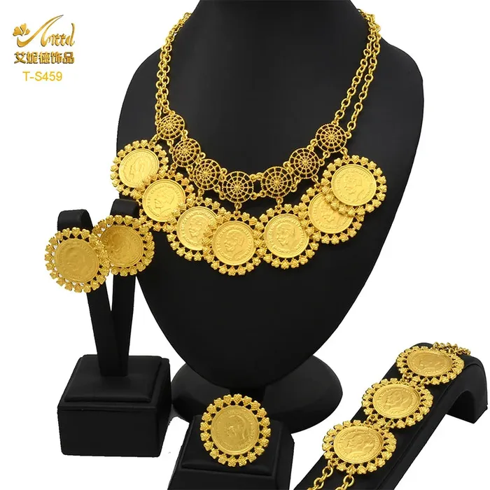 African Coin Necklace Jewelry Set For Women Girls Dubai Nigerian Fashion Choker Necklace Bracelet Earrings Ring Sweet T 52 Necklaces