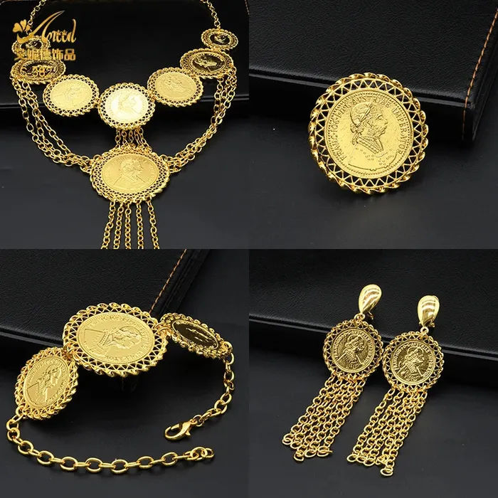 African Coin Necklace Jewelry Set For Women Girls Dubai Nigerian Fashion Choker Necklace Bracelet Earrings Ring Sweet T 52 Necklaces