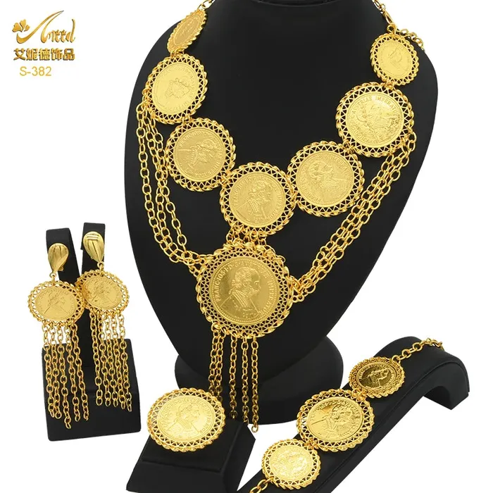 African Coin Necklace Jewelry Set For Women Girls Dubai Nigerian Fashion Choker Necklace Bracelet Earrings Ring Sweet T 52 Necklaces