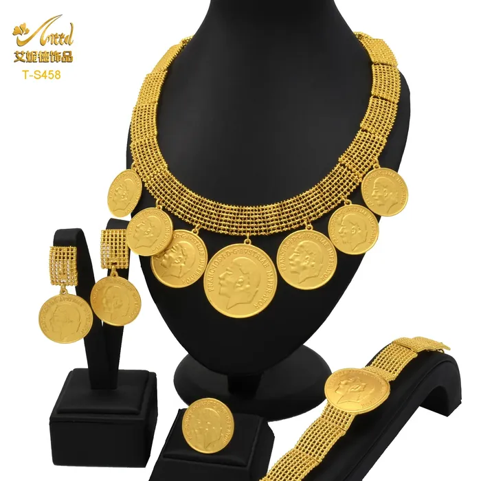 African Coin Necklace Jewelry Set For Women Girls Dubai Nigerian Fashion Choker Necklace Bracelet Earrings Ring Sweet T 52 Necklaces
